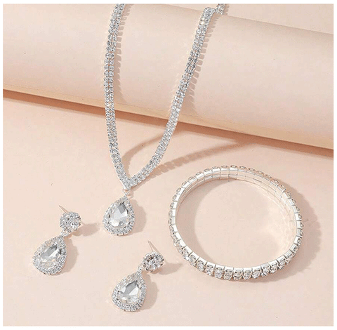 4 Pieces Luxurious Jewelry Set Exquisite Rhinestone Pendant Elegant Women's Crystal Silver Plated Necklace Earrings Bracelet Set Ewkiki