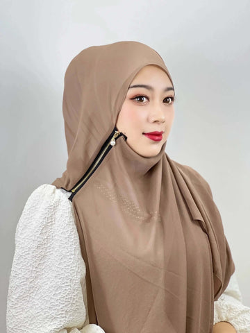 Muslim Hijab Arab Turkish Hijab with Zipper Chiffon Scarf Women's Fashion Plain Hijab Wrap Solid Color Shawl Headscaf 71x180cm Ewkiki