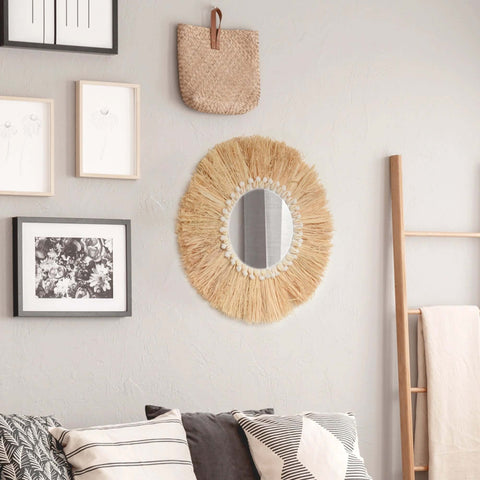 Boho Home Decoration Straw Hand-woven Mirror Wall Decoration Home Decoration Mirrors Bedroom  Macrame Wall Hanging - Ewkiki