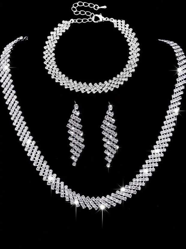 4 Bridal Jewelry Set Rhinestone Necklace Earrings Bracelet Women's Accessories Ewkiki